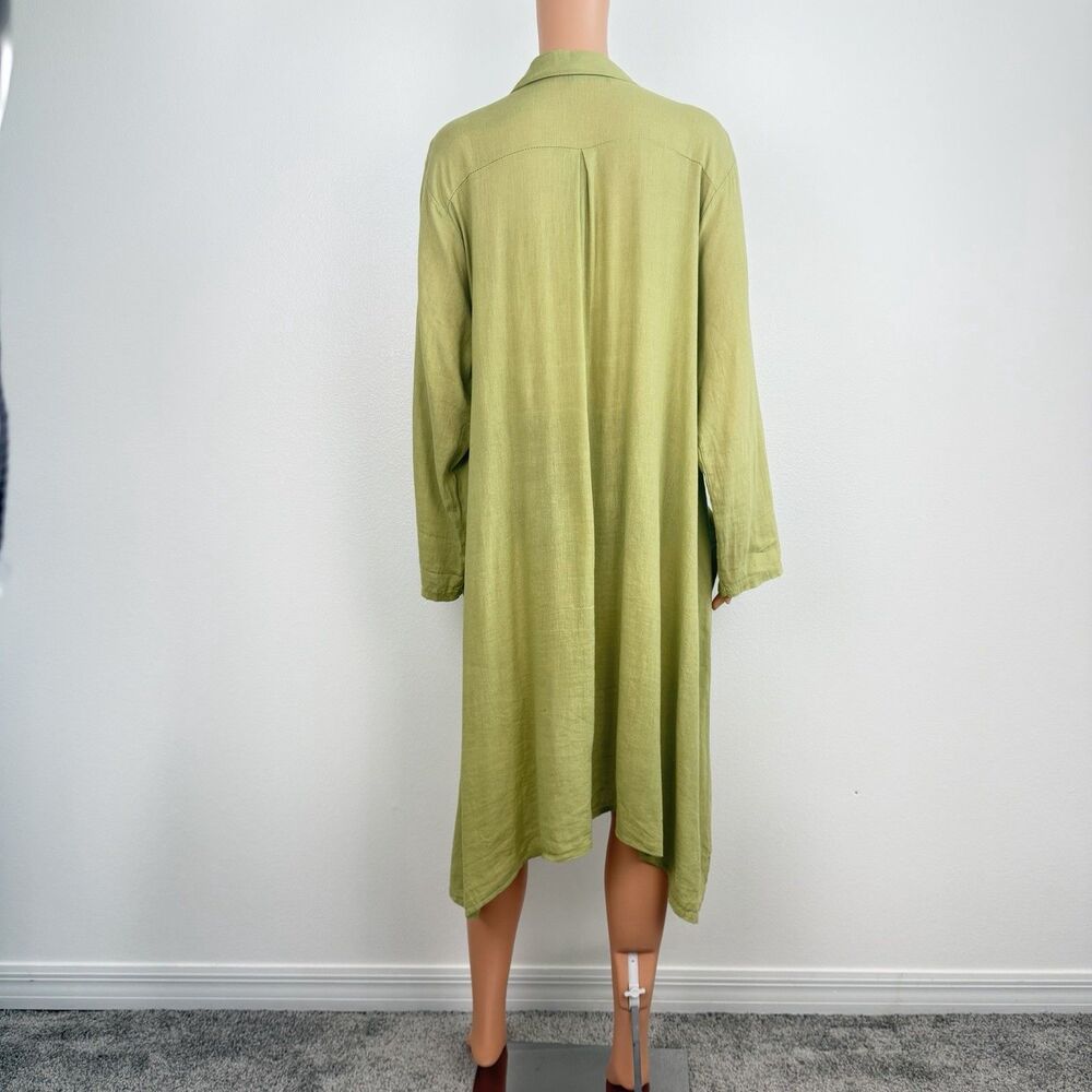 SAGA Green Linen Shirt Dress Pockets OS Lagenlook Long Sleeve Italy Made - Picture 3 of 14